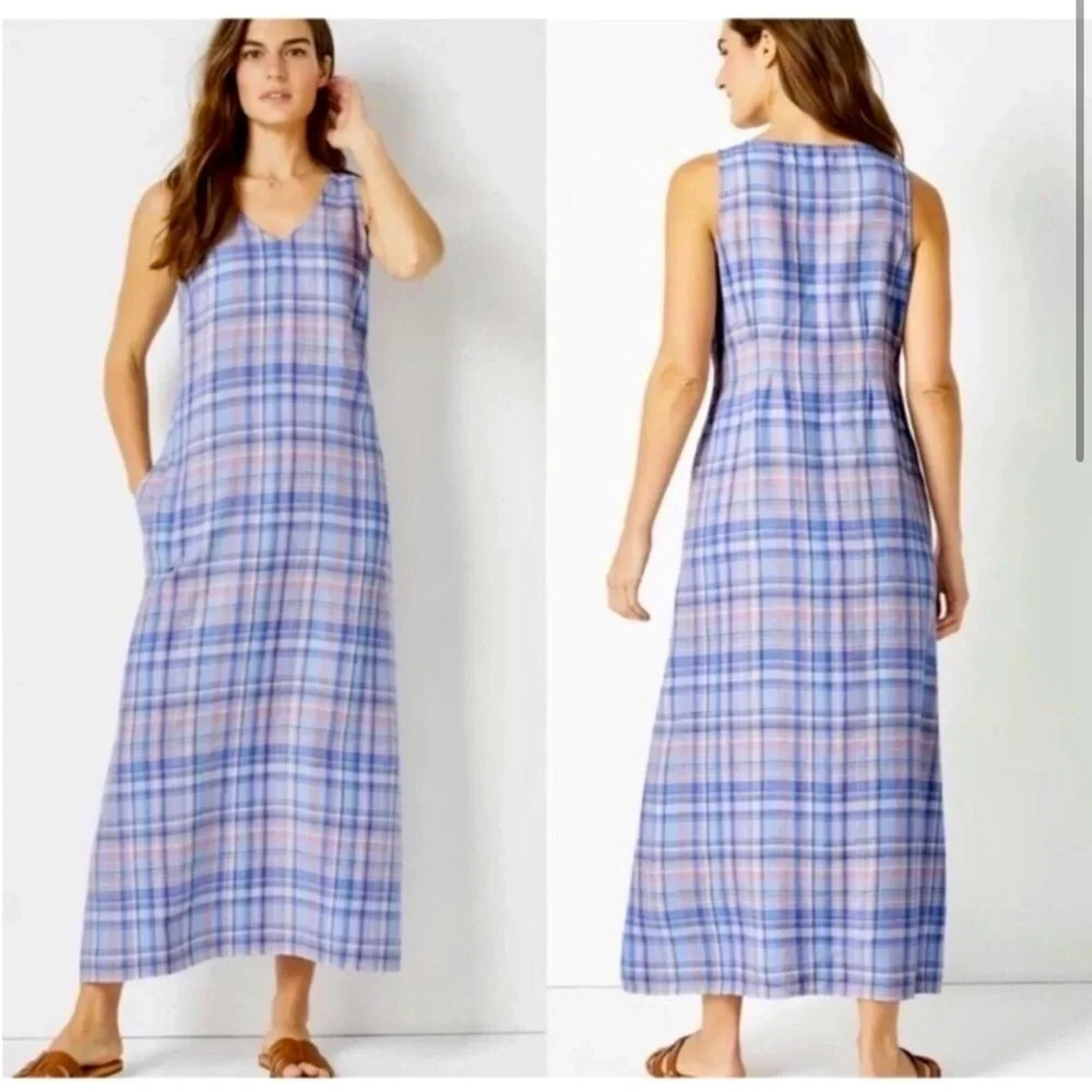 J Jill Love Linen Tank Shift Maxi Dress Linen V-Neck Pockets Plaid Checkered MP